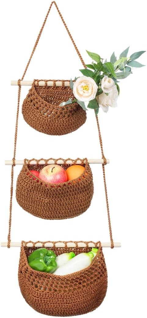 Over The Door Woven Cotton Rope Hanging Baskets, Detachable Storage Baskets for Kitchen, Living Room, Bedroom, Boho Wall Decor, 3-Tier Hanging Fruit Basket, Wall-Mounted Organizer