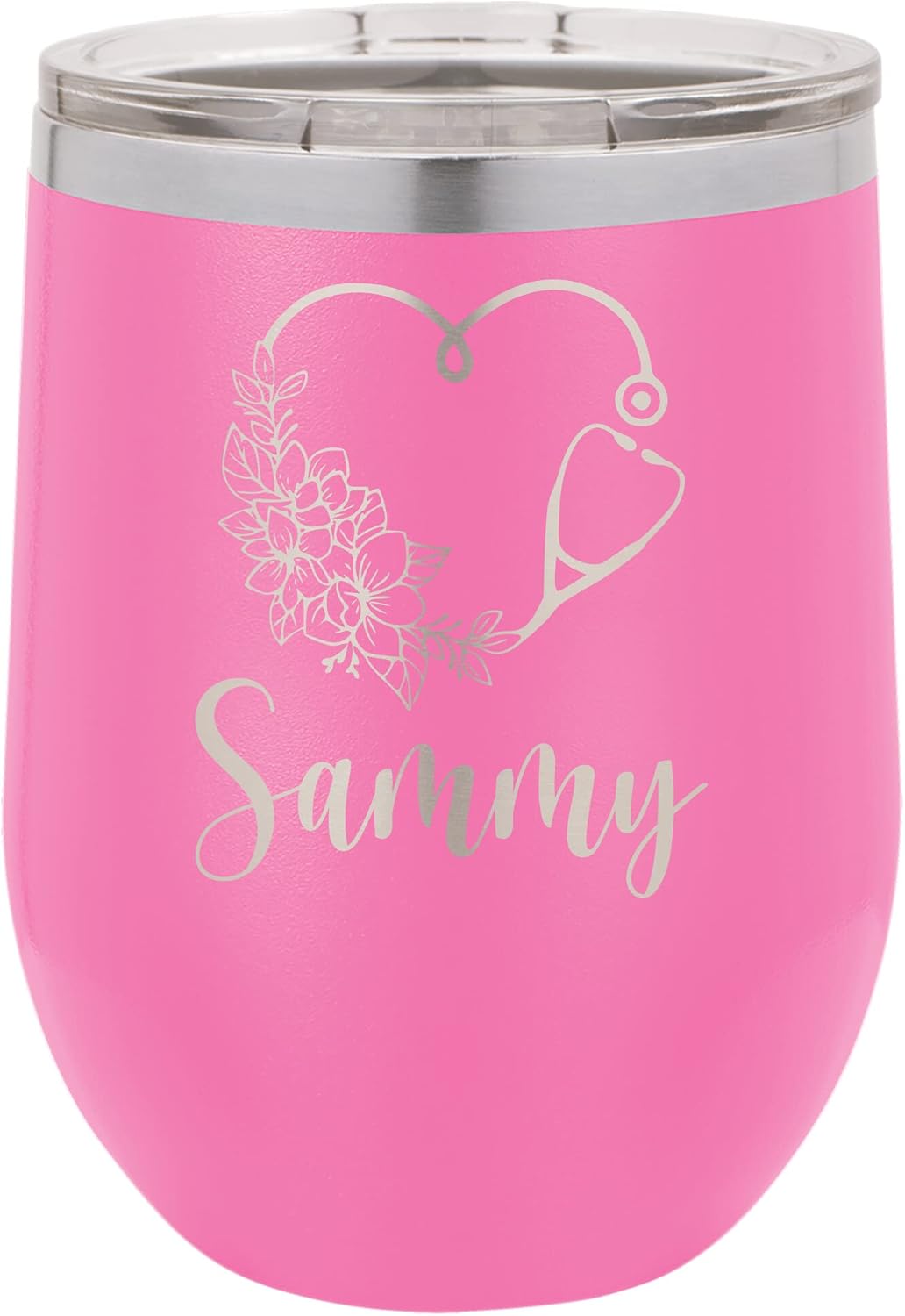 Personalized Nursing Student 12 oz Wine Cup, Soon to be Nurse, Nurse Mom Thank You Gift, Floral Heart, Heartbeat, LPN, Blood, Laser Engraved, Vacuum Insulated, Stainless Steel, Includes Lid