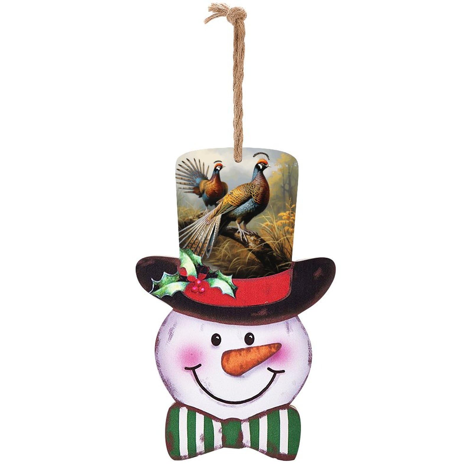 Panneau de Noël en bois bonhomme de neige et faisans pour sublimer votre porte d'entrée festive