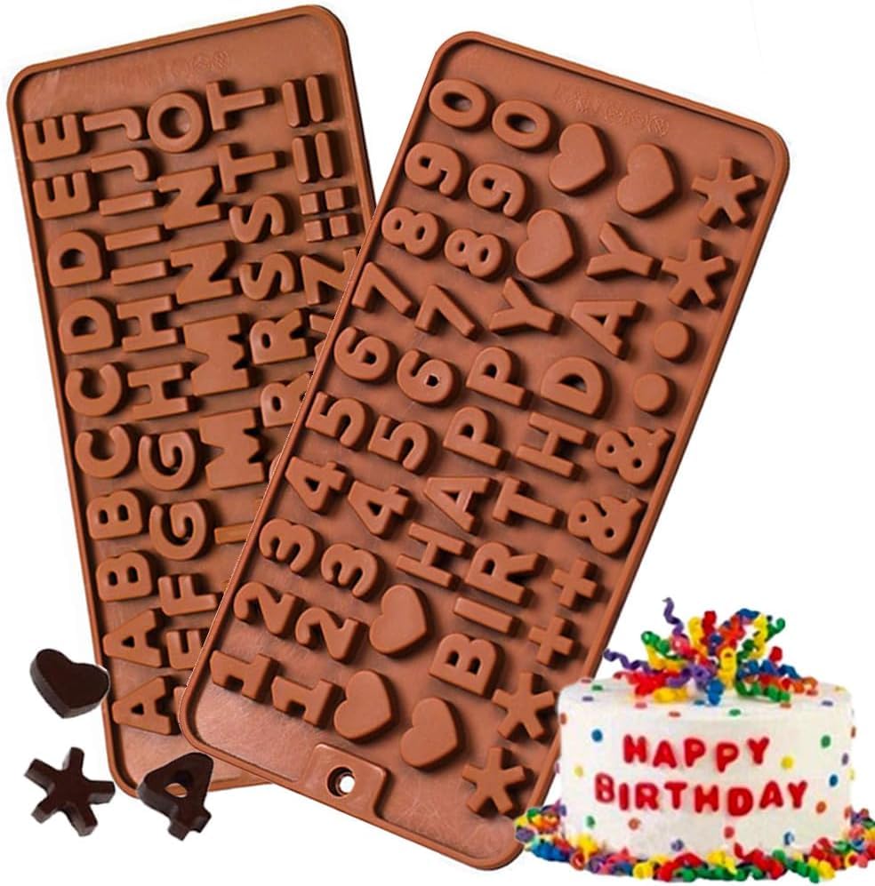 Skytail Silicone Alphabet Mould, Numbers Mold, 2 Pcs Non-Stick Baking Mold Happy Birthday Symbols Chocolate Mould for Baking Cake Pan Candy Biscuit Decorating, Brown-image-3