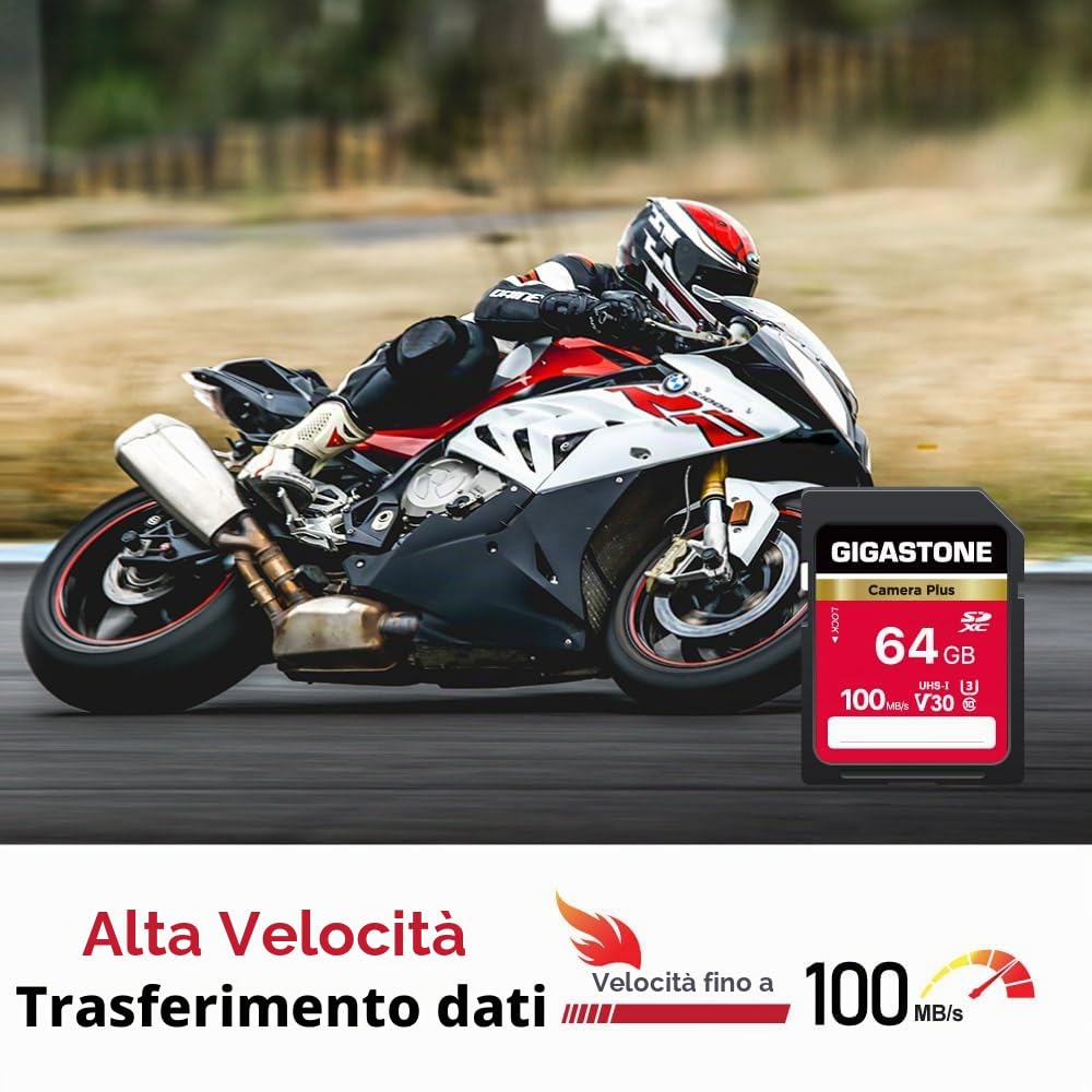 GIGASTONE Camera Plus, scheda di memoria SD da 64 GB, velocità fino a 100 MB/s, UHS-I U3 classe 10, scheda di memoria SDXC Full HD per fotocamera digitale, con 2 mini custodie