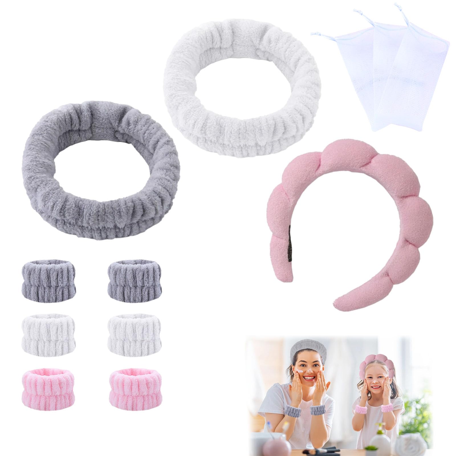 12 Pcs Spa Set, Soft Puffy Makeup Headband with Wristbands & Bubble Nets, Face Wash Headband, Elastic Terry Cloth Hairband for Yoga, Sports, Shower, Girls Women Gift