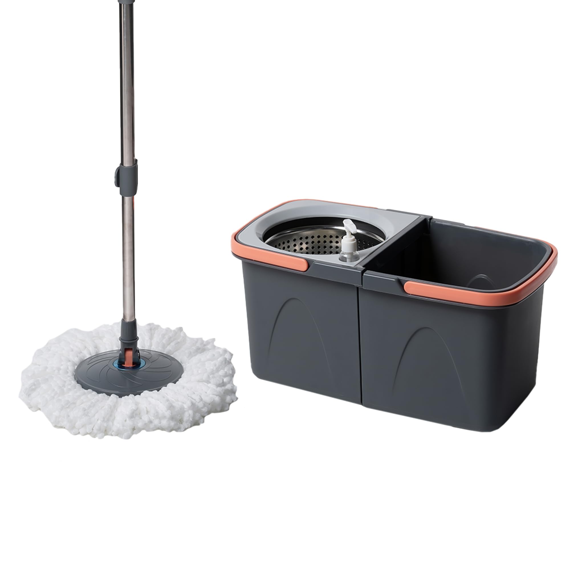 BonKaso Twin Spin Mop Set | 1 Bucket, 1 Handle & 2 Microfiber Mop Heads with Stainless Steel Wringer | 360° Easy Floor Cleaning for Home & Office