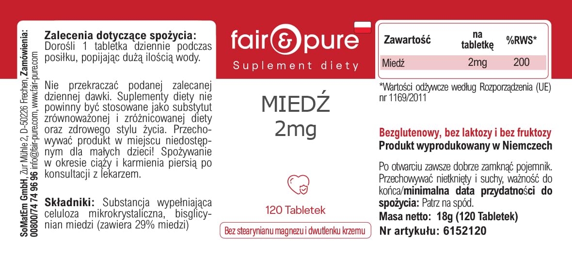 Fair & Pure® - Rame bisglicinato 2mg - Integratore di rame - Buona disponibilità biologica - Vegan - 120 Compresse
