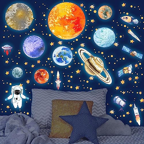 Autocollants Lumineux Planètes Étoiles Phosphorescentes Lumineuses Astronaute Stickers Muraux Décoration de Plafond Galaxie Fluorescent Autocollant pour Bébé...
