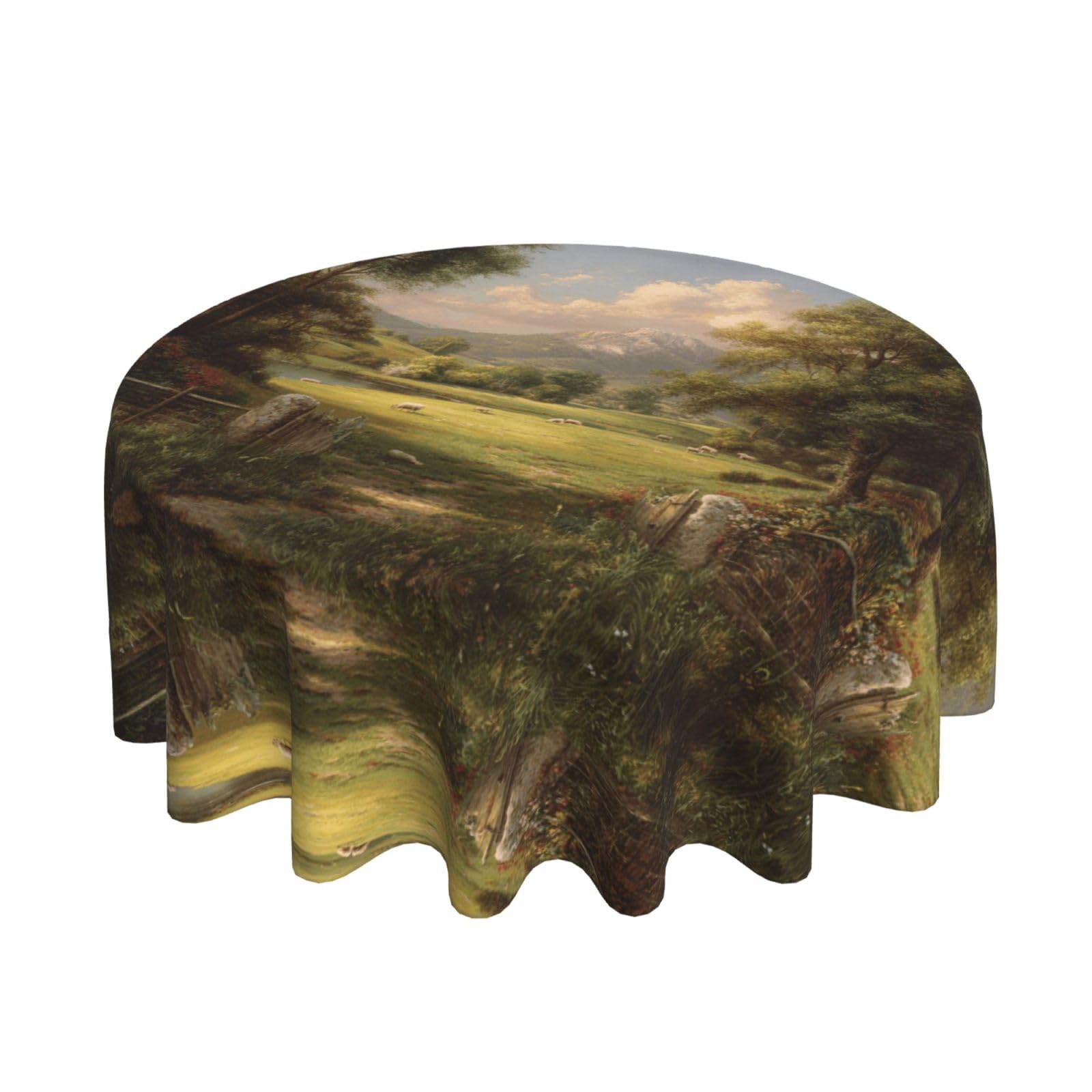 ESNAIUVCD pastoral scenery print Round Tablecloth Waterproof Washable Wipeable Resistant Polyester Circular Table Cover for Dining Room Kitchen Indoor Outside 60"