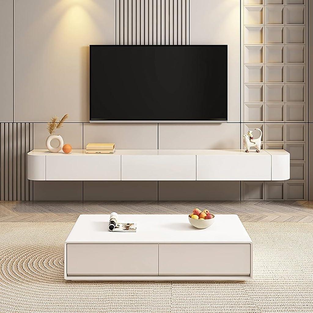 Meuble Tv Chambre Meuble TV Mural Blanc Et Bois 200cm - Meuble Flottant Pour Salon Et Petit Appartement Tv 140 Cm