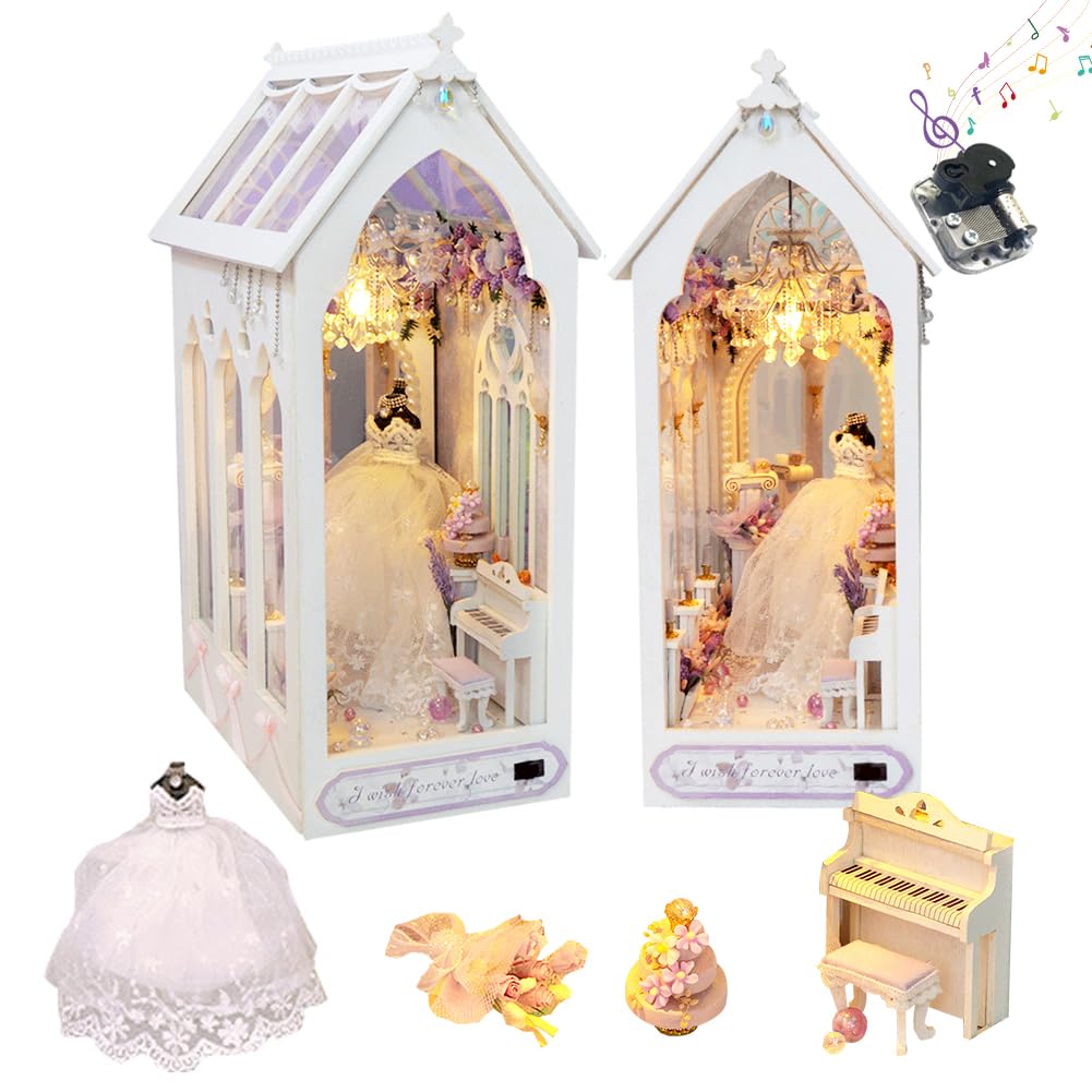 Cjeuxnr DIY Book Nook Kit Miniature Wedding Clothes House 3D Wooden Puzzle with LED Lights Bookshelf Lnsert Decor Bookend Dollhouse Kit Crafts for Adults