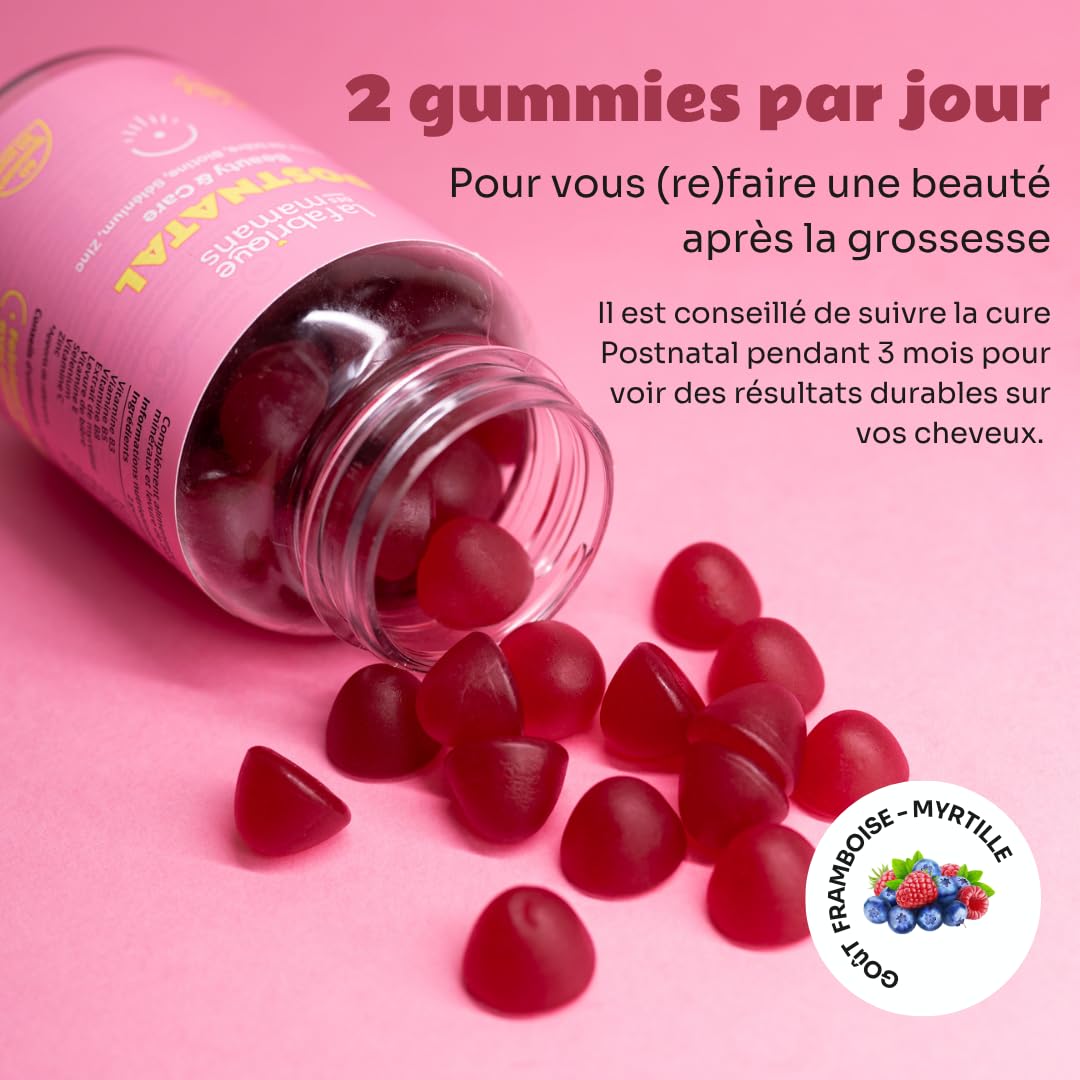 Postpartum - 60 Gummies vegan sans sucres - Complément Alimentaire - Biotine - Croissance Pousse et Renforcement des Cheveux - Régénération de la Peau - Fabriqué en France - La Fabrique des Mamans.