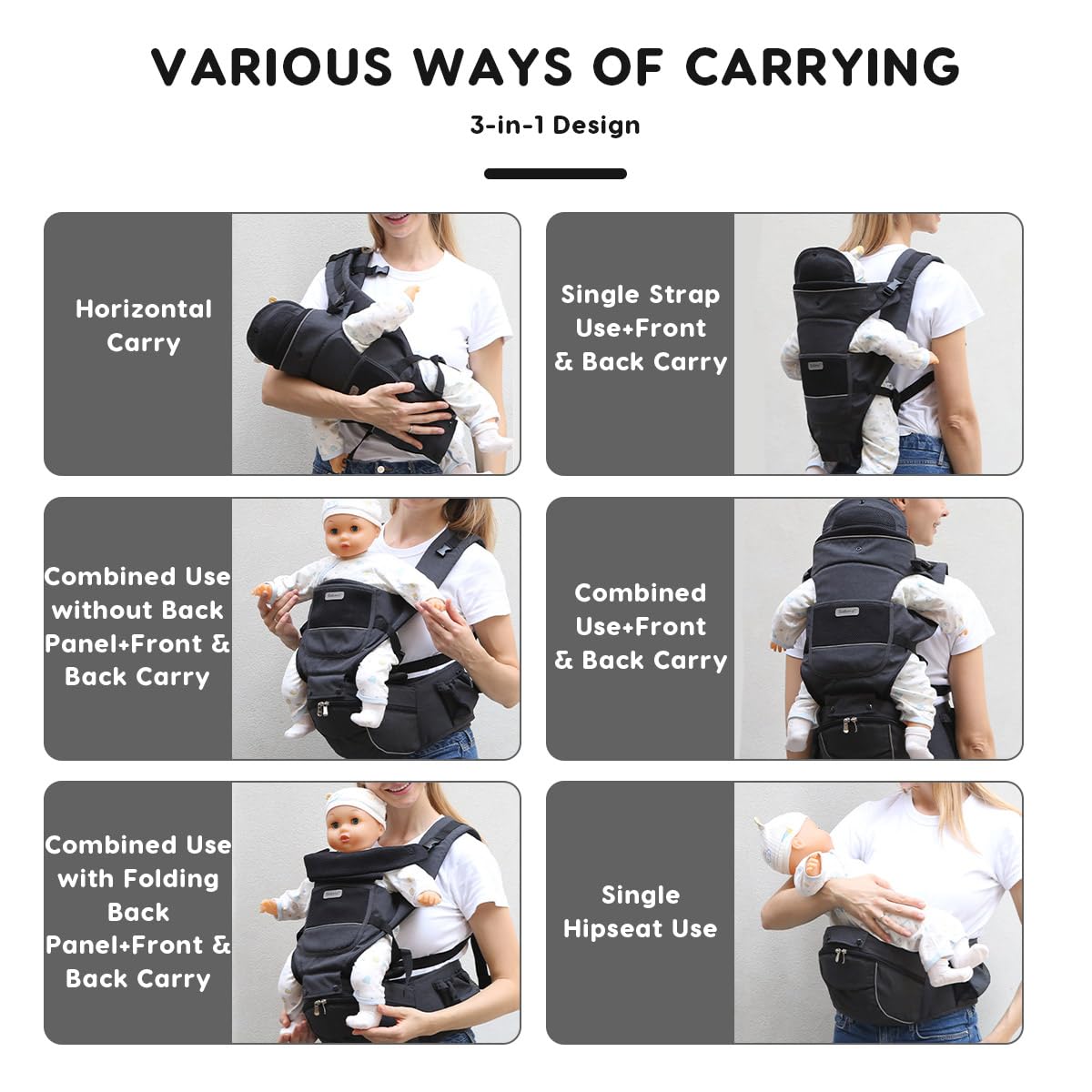 SONARIN 3 in 1 Multifunzionale Marsupio Neonati con Sedile,Portantina Ergonomico Porta Bambino Fascia Porta Bebè con Funzione di Portaoggetti,Multi-Posizioni per 0-36 Mesi(Nero)