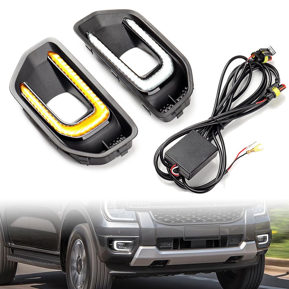 Anzios Compatible For Ford Ranger XLT SPORT Platinum 2022-2023 LED DRL Daytime Running Light Fog Light W/Turn Signal Sequential Lamp, Black/amber, A19209