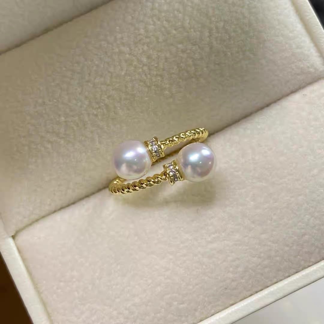 Double Pearls Open Twisted Band Statement Rings for Women Dainty Shiny CZ Large Round Pearl Adjustable Finger Wrap Ring Promise Engagement Wedding Party Stacking Expandable Fashion Jewelry Her