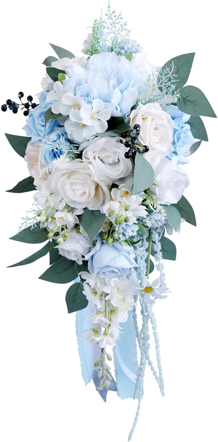 S_SSOY Wedding Water Drop Bouquet for Bride, Bridal Artificial Waterfall Bouquets for Wedding Ceremony Anniversary Party Bridal Shower Decoration (Blue Purple)