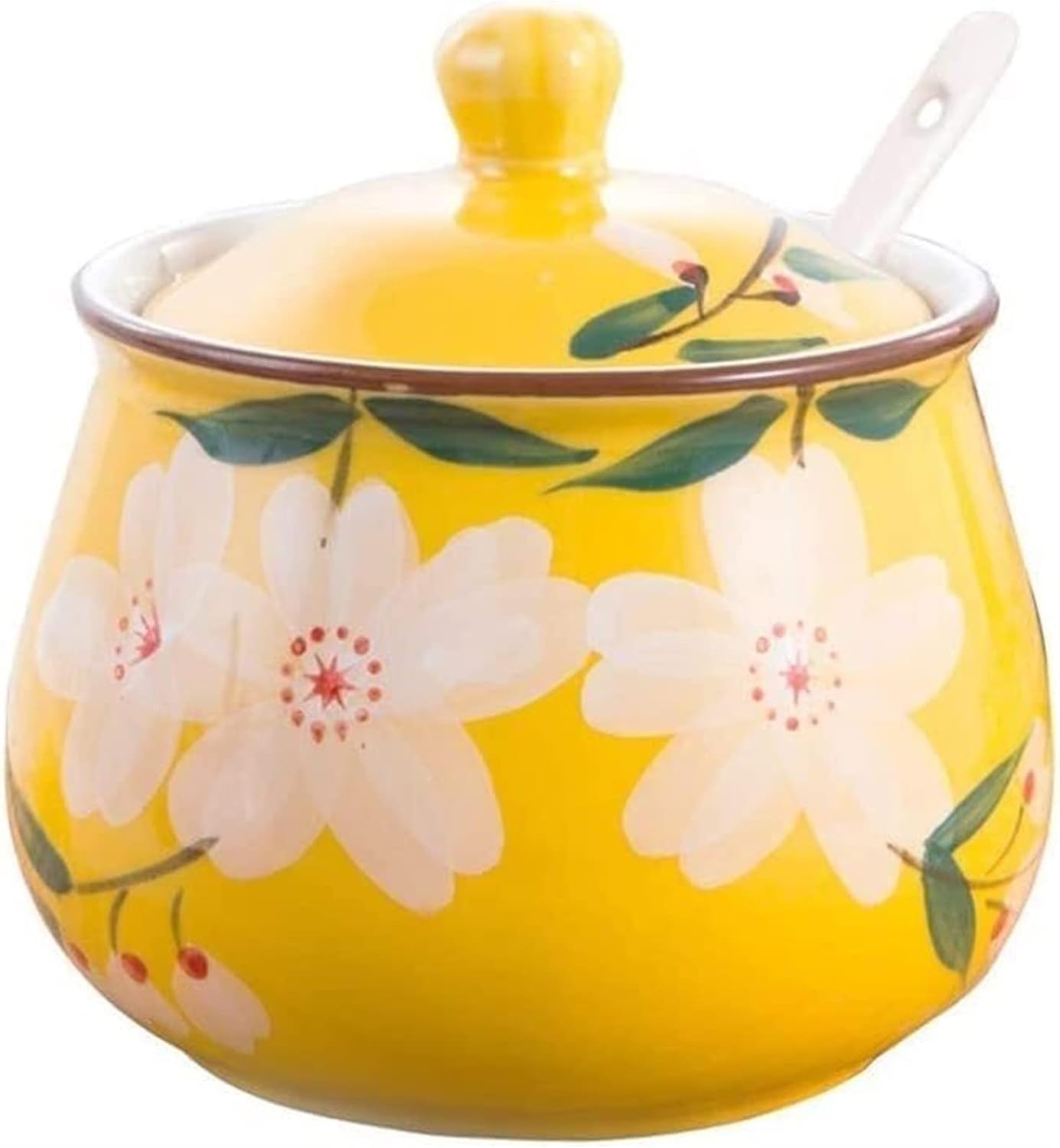 Bocal à épices, bol à sucre, tasse à sucre de fleur japonaise peinte à la main en céramique avec couvercle cuillère