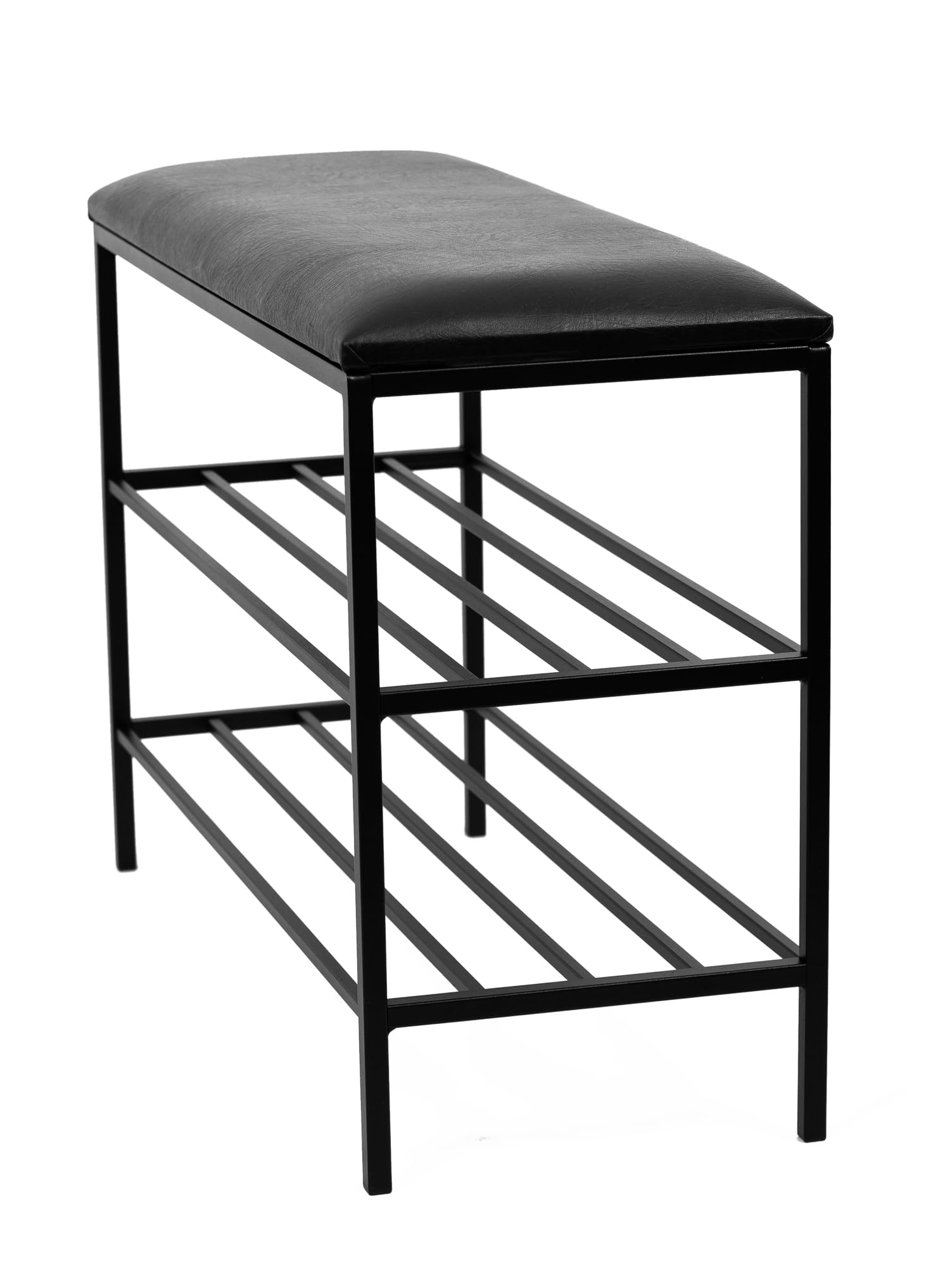 Ławka na Buty z Siedziskiem - Stojak na Buty - 75x30x55cm - z Metalu, 2 półki, bez Montażu - Ławka do Przedpokoju POSTO Czarny z Czarnym Siedziskiem ze Sztucznej Skóry, 15mm Metalowa Rama