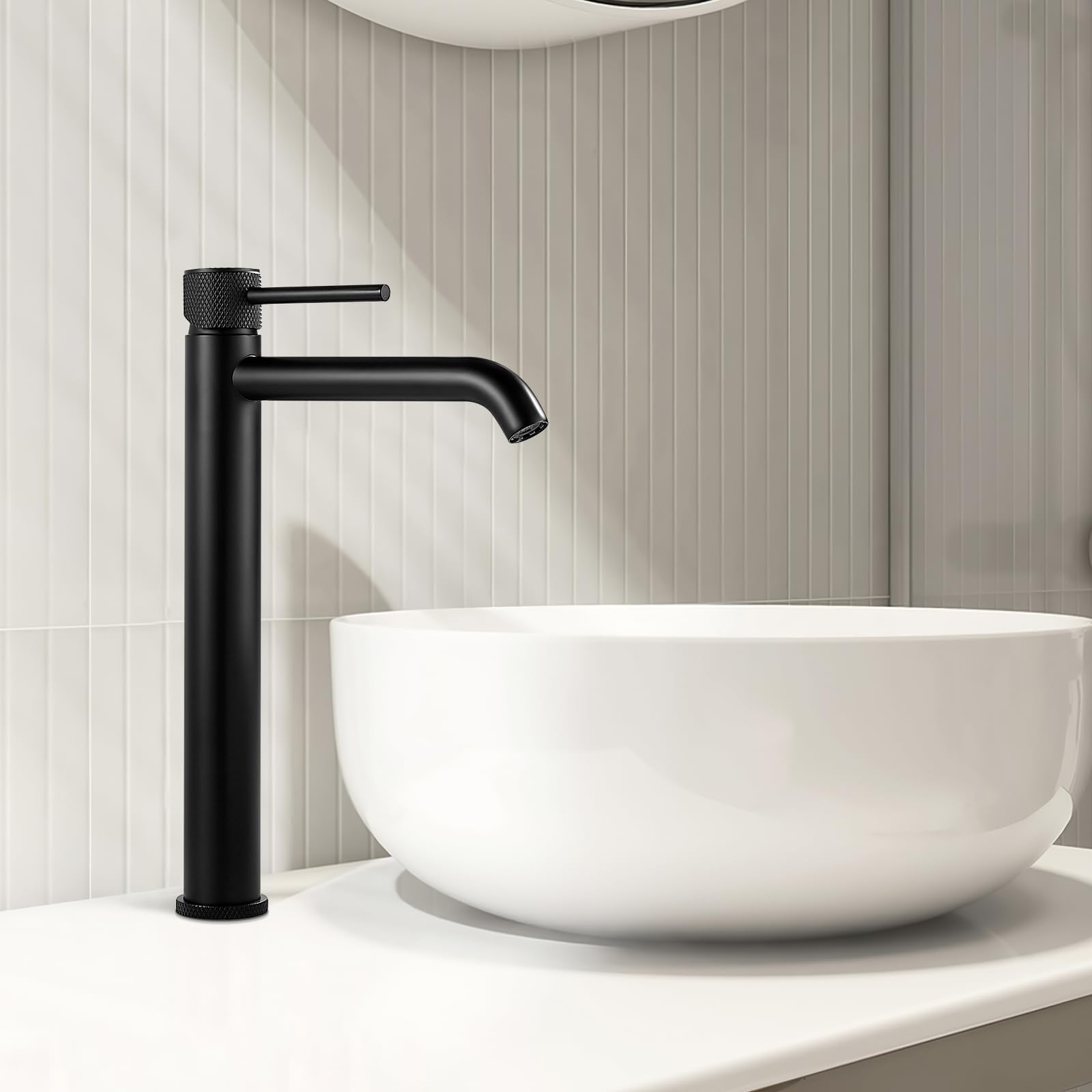 Tall Bathroom Basin Mixer Taps, Black Mono Basin Tap Round, Cloakroom Faucet with High Spout - Image 2