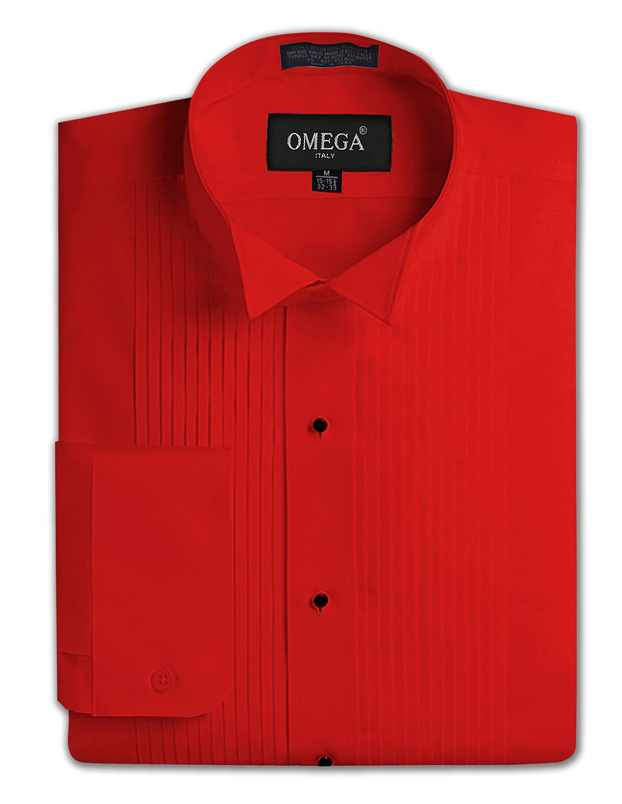 OmegaTux Mens Formal Wing Collar Tuxedo Shirt, 1/4" Pleat, Red, 21.5" Neck 37" Sleeve