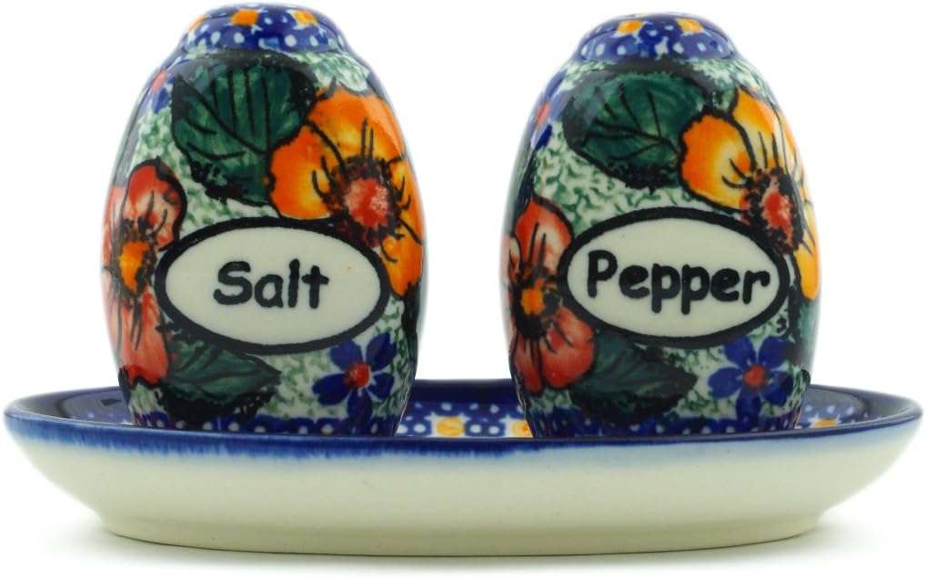 Polmedia Polish Pottery Salt and Pepper Set UNIKAT - Bold Pansy Pattern Handmade in Boleslawiec Poland + Certificate of Authenticity