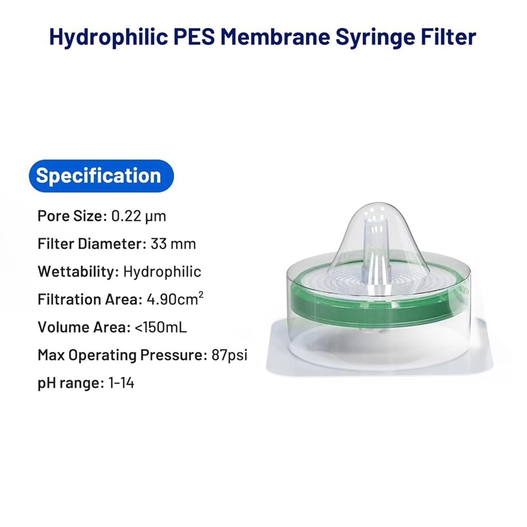 Filtro per siringa sterile PES (polietersulfone), filtrazione idrofila, diametro membrana 33 mm, dimensione dei pori 0,22 µm, 50 pezzi