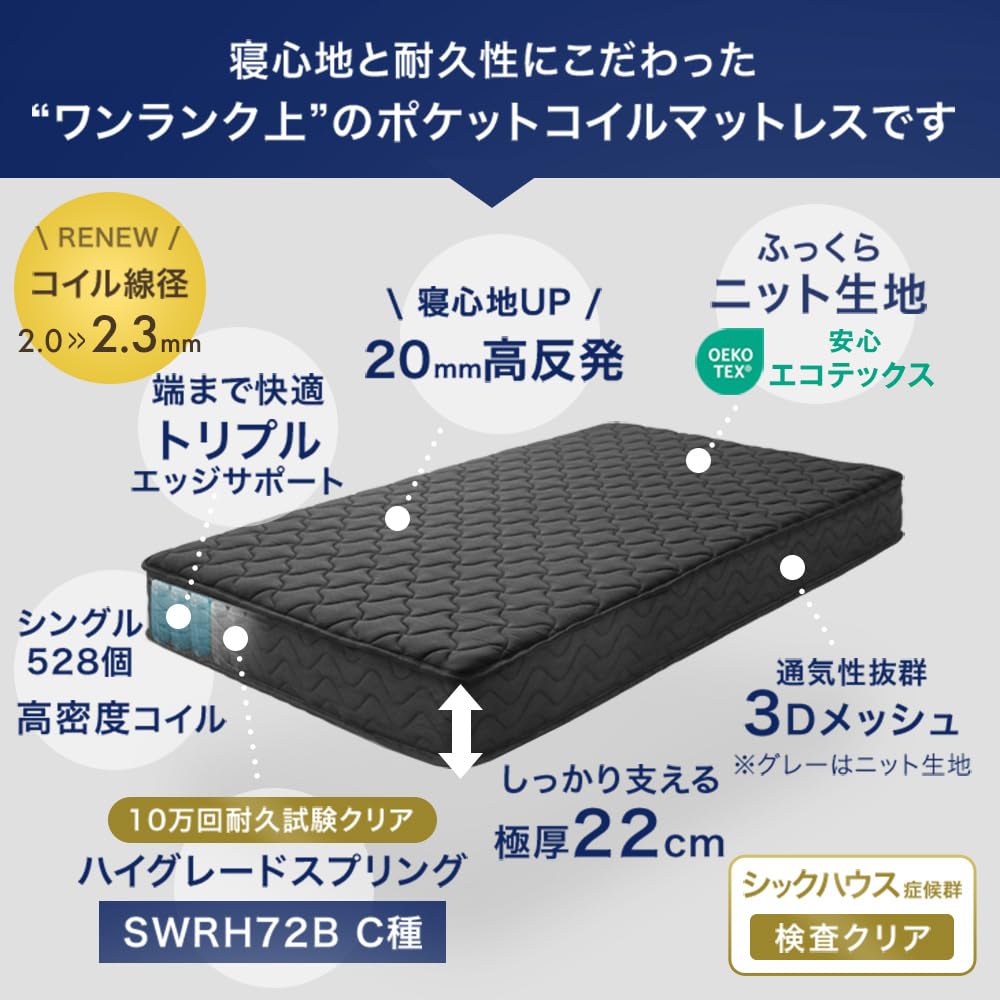 Amazon.co.jp: タンスのゲン マットレス シングル 極厚22cm 線径2.3mm