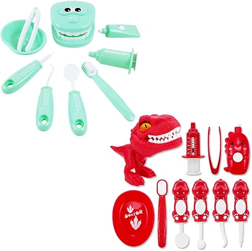 Paquete de 19 piezas = 9 piezas de simulación de plástico para dentistas (verde) + 10 piezas de juego de simulación de dinosaurio de plástico (rojo)