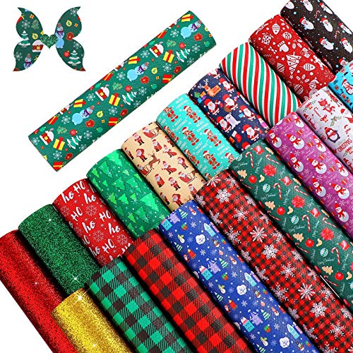 20 Pieces Christmas Faux Leather Sheets Christmas Theme Printed Synthetic Leather Sheet Glitter Faux Leather Fabric Sheet Santa Claus Faux Leather Sheet for DIY Christmas Craft Making, 8.3 x 6.3 Inch