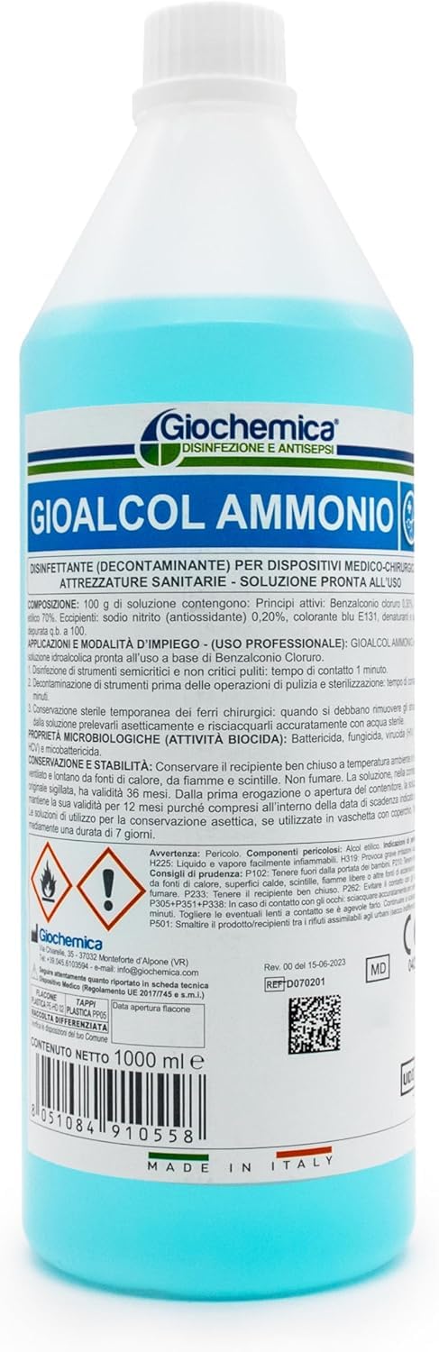 GIOALCOL AMMONIO Disinfettante Strumenti Medici, 12 Flaconi da 1lt | Benzalconio cloruro e Alcol, Decontaminante, Dispositivi medici, Pronto uso