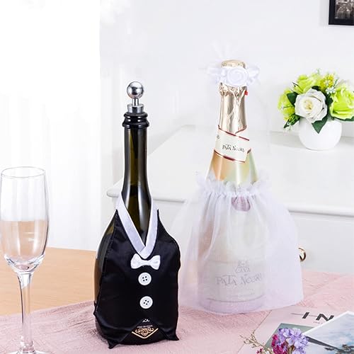 auwiyd Juego de 2 fundas para botellas de vino para novios, decoración de copas de vino, decoración de fiesta de boda, cubierta de vino champán,