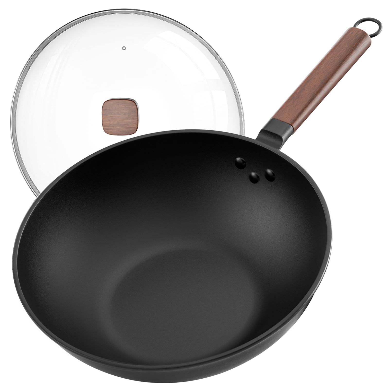 Jobin 33cm/13inch Premium Wokpfanne mit Glasdeckel - Kohlenstoffstahl Wok ohne chemische Beschichtung, Ideal für Asiatische Küche, Induktionstauglich für Gasherd, Elektro- und Ceranfeld