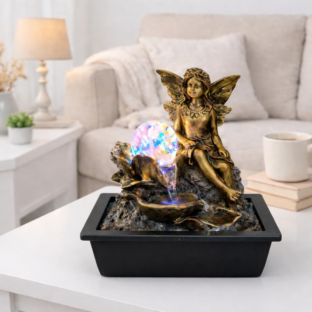 Polyresin Fairy Tabletop Water Fountain with Color Changing Crystal Orb, LED Light, Quiet Submersible Pump, 28 cm-image-22