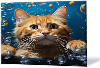 Modern Wall Art 16"X12" Painting Artwork Framed for Living Room Bedroom Bathroom Office Home Decor, Ginger Cat Playing In Underwater Bubble Machine