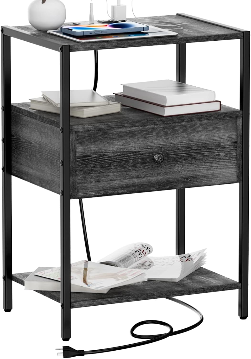YAKANJ Side Table with Charging Station and Storage
