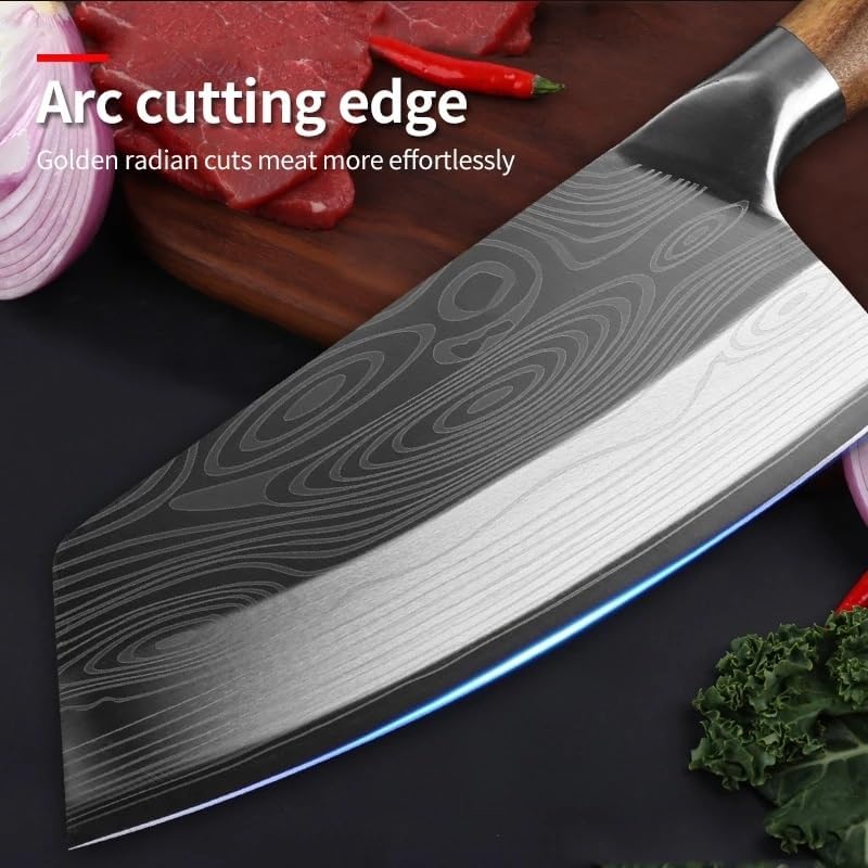 Meat Cleaver,Cleaver Knife 8 Inch Damascus Laser Pattern Kitchen Knife Household Stainless Steel Chopping Slicing Knife Forged Manual Chinese Chef Cooking Knife, LAMAJIGA5844
