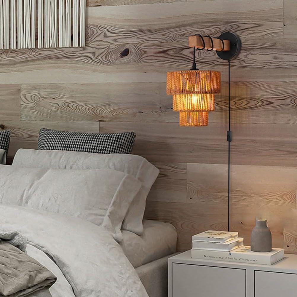 Drewniana lampa ścienna w stylu retro, industrialna, vintage, z włącznikiem, oświetlenie wewnętrzne w stylu boho, z wtyczką i kablem, lampka nocna do sypialni, salonu, korytarza, tawerny