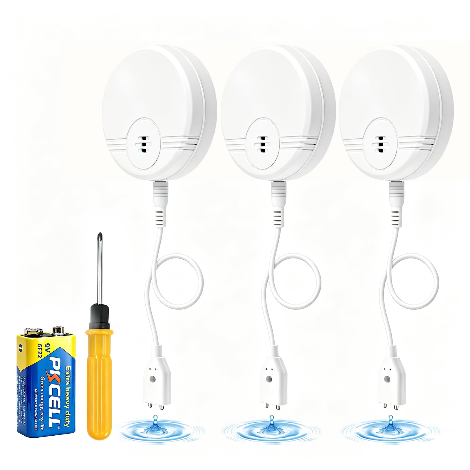 3 Pack Wassermelder Wasseralarm, 135dB Wasser Sensor Alarm Wasserwarner Flut Detektor für Keller, Badezimmer, Waschküche, Küchen, Garagen und Dachböden Batterien enthalten