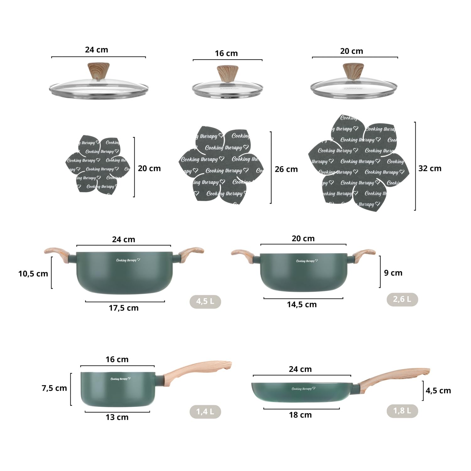 KASANOVA Batterie de cuisine Cooking Therapy, Ensemble de casseroles induction et poêles antiadhésives avec spatule, avec inscription au laser et poignées effet bois (10 pièces)