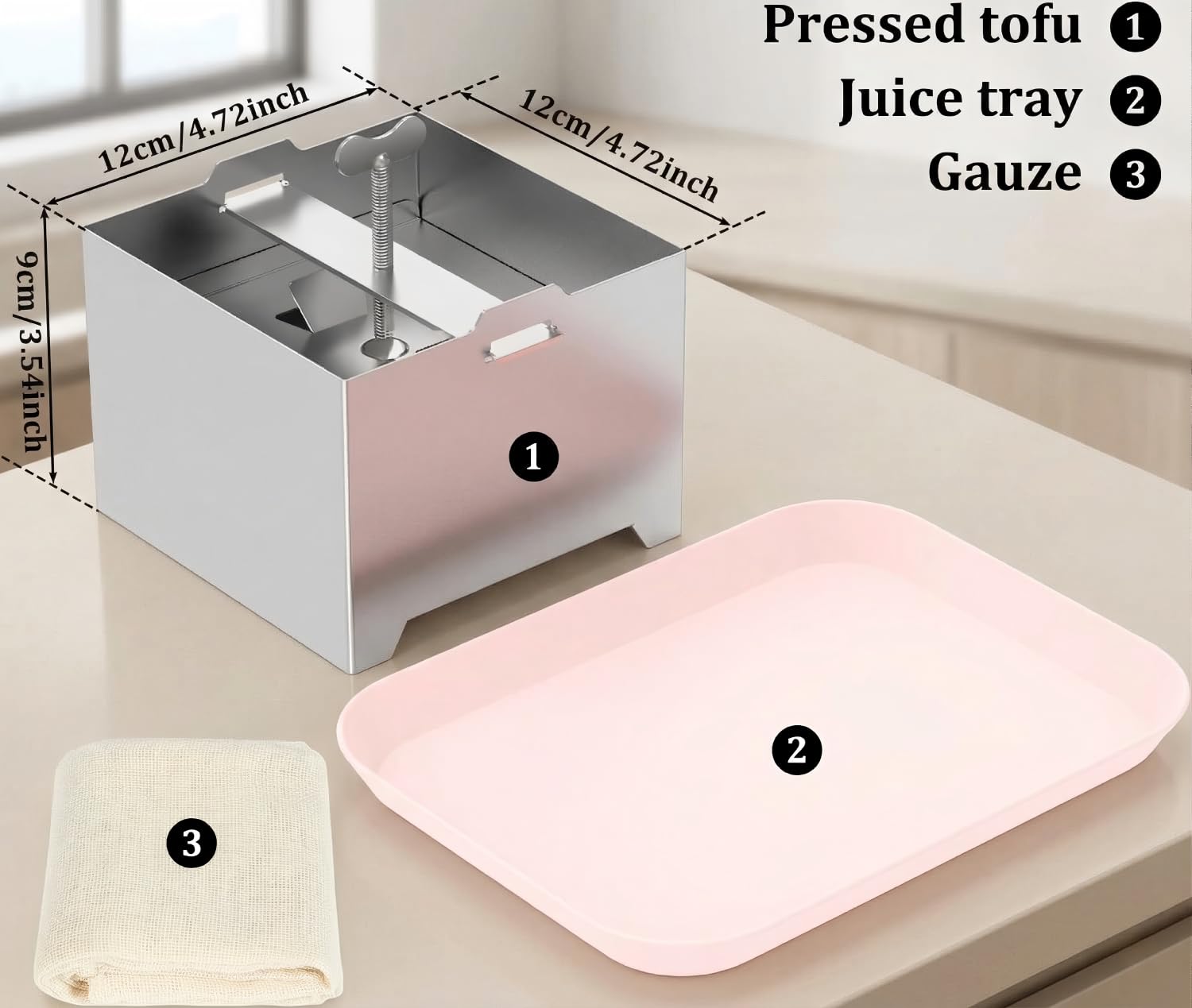 Tofupressa in acciaio inox, per uso alimentare, lavabile in lavastoviglie, con 1 vassoio e 1 panno di garza, adatto per tofu, formaggio e yogurt secco.