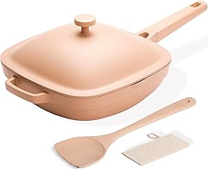USELUCK 10.5 Inch(3.8QT) Ceramic Pan with Lid,Non Stick Frying Pans Cast Aluminum Deep Sauté Pans,Ti-Ceramic Non Toxic Pix Pan with Wooden Spatula and Scrubber-Desert Clay