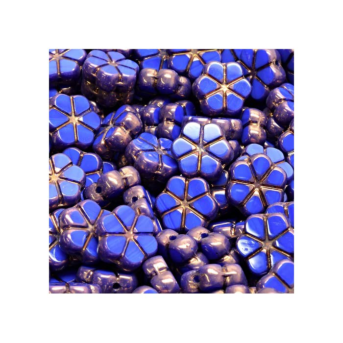 Czech Glass Beads Flower 10 mm Blue (Handmade Czech Glass Pearl Flower) Pack of 6