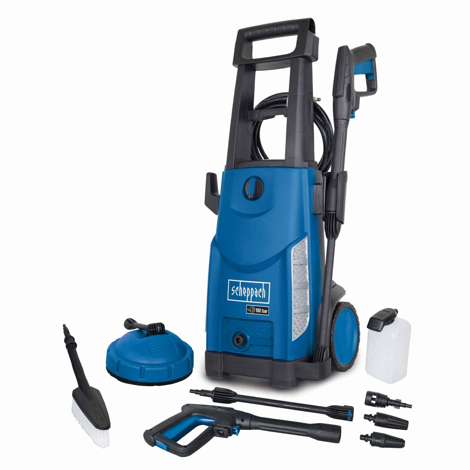 Scheppach HCE2400 Electric Pressure Washer, 2400W, 180Bar, < 50°c 480L/h, 5m Hose, Surface Cleaner Accessory Kit