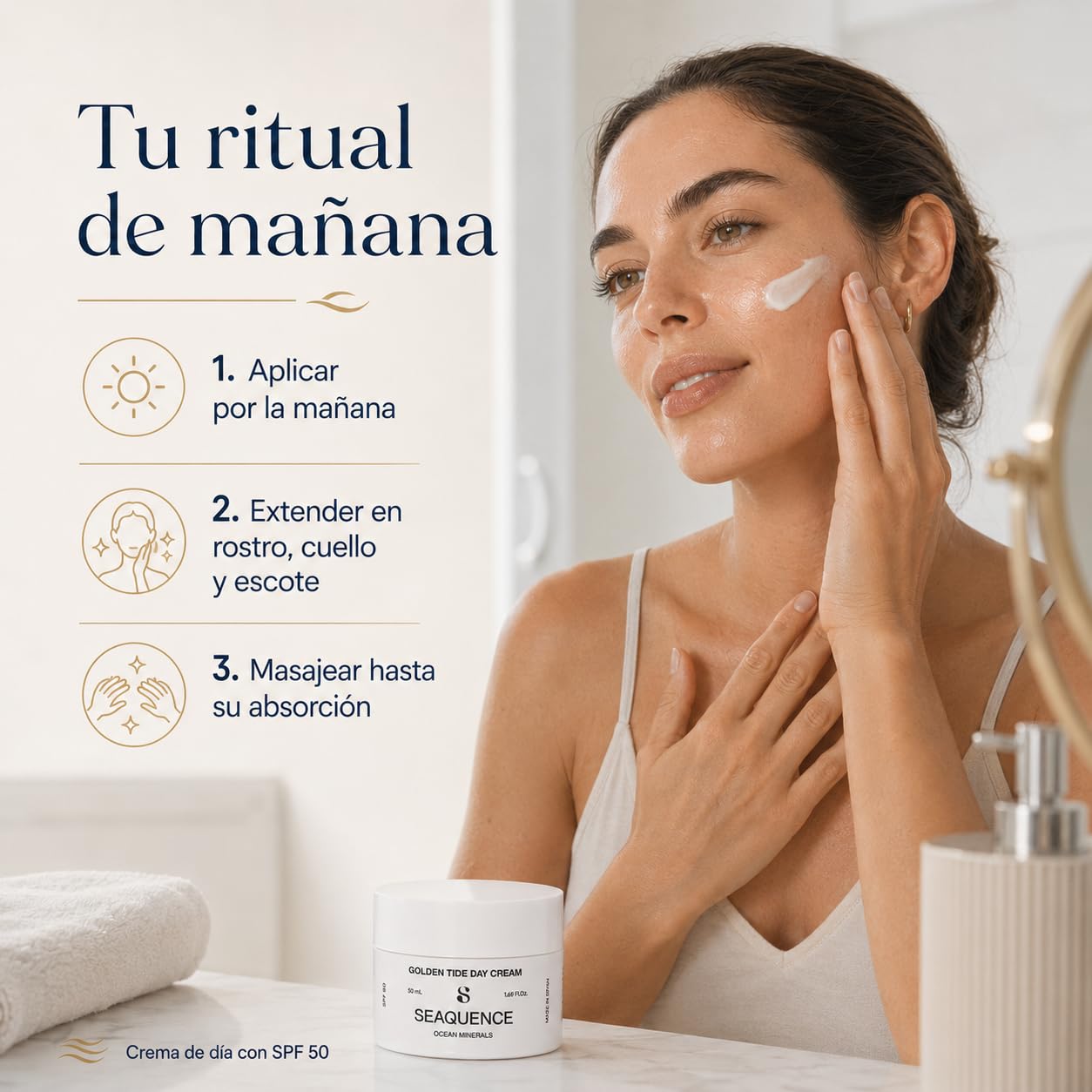 SEAQUENCE Golden Tide Day Cream SPF 50 50 ml | Crema de Día Facial con Ormus Marino, Ocean Trace Minerals, Niacinamida, Vitamina C Estabilizada, Vitamina E y Ácido Hialurónico | Hidratación total