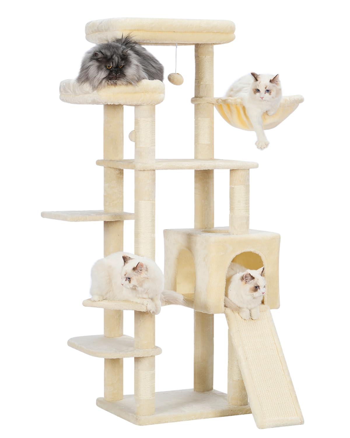 Hey-brother Kratzbaum, Stabil 159 cm Katzenbaum mit 2 Große Plattform, Großer Kratzbrett, Korb und Haus, Beige EMPJ029M