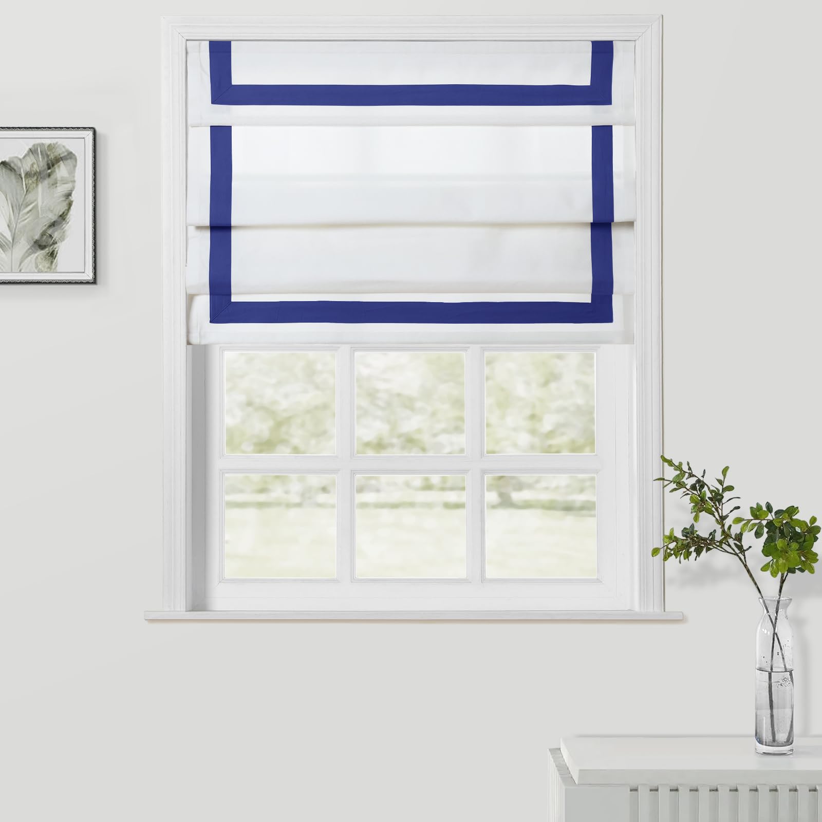 TWOPAGES Border Cordless Unlined Roman Shade for Windows, Custom Light Filtering Shade Blind for Indoor Window, French Doors, Kitchen Windows, Tyrone Collection with Sapphire Blue Border