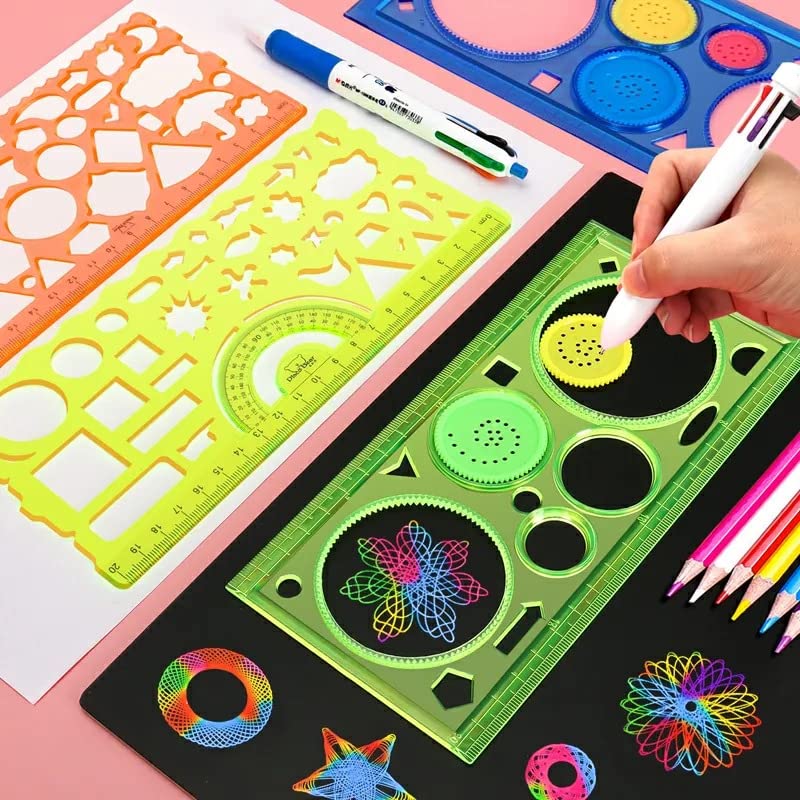 MUREN Scale Spirograph- Ruler Stencil Painting (Pack of 2), Multi-Function Interesting Puzzle Spirograph Children Drawing Plastic Ruler Random Color Kids Painting Tools