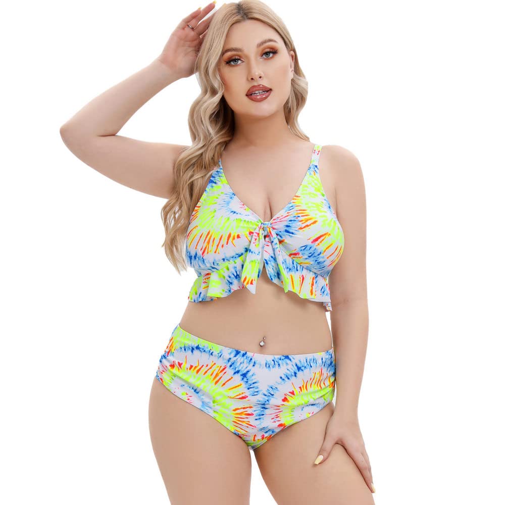 SAEEKOPlus Size Swimsuit For Women- Tie Dye Print High Waisted Bikini Tummy Control 2 Piece Swimwear Bathing Suits L~4Xl