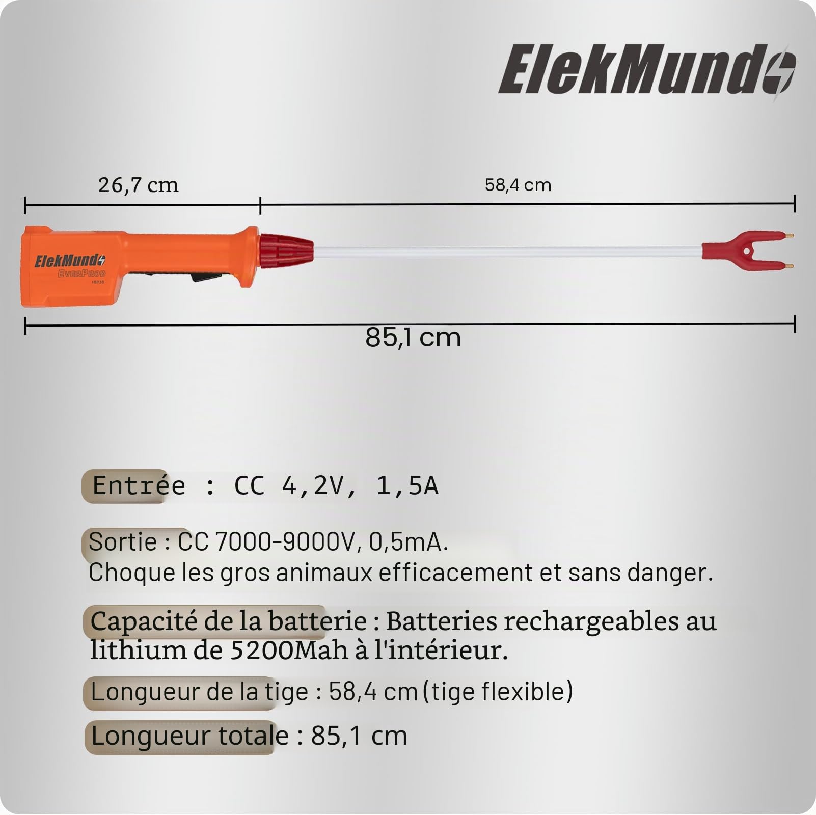 Prod à bétail étanche pour bovins, porcs, chèvres, moutons pour grands chiens, prod d'animaux électrique rechargeable, longueur totale 85,1 cm (avec manche de 58,4 cm de long)