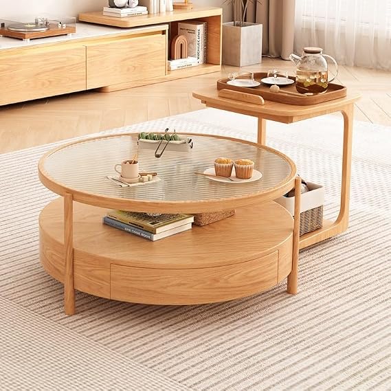 Coffeetable Coffee Table Living Room Household Small Double-layer Solid Wood Round Side Table Japanese Glass Tea Table Coffee Tables For Living Room(A)