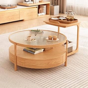 Coffeetable Coffee Table Living Room Household Small Double-layer Solid Wood Round Side Table Japanese Glass Tea Table Coffee Tables For Living Room(A)