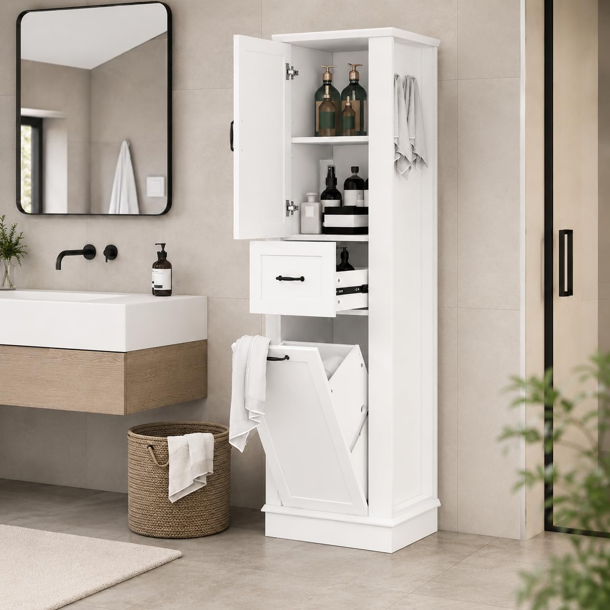 Oevsld Tall Bathroom Storage Cabinet with Tilt-Out Compartment | MDF board, soft-close doors, aluminum handles, 80 lb capacity, 20.3"L x 13.8"W x 67.8