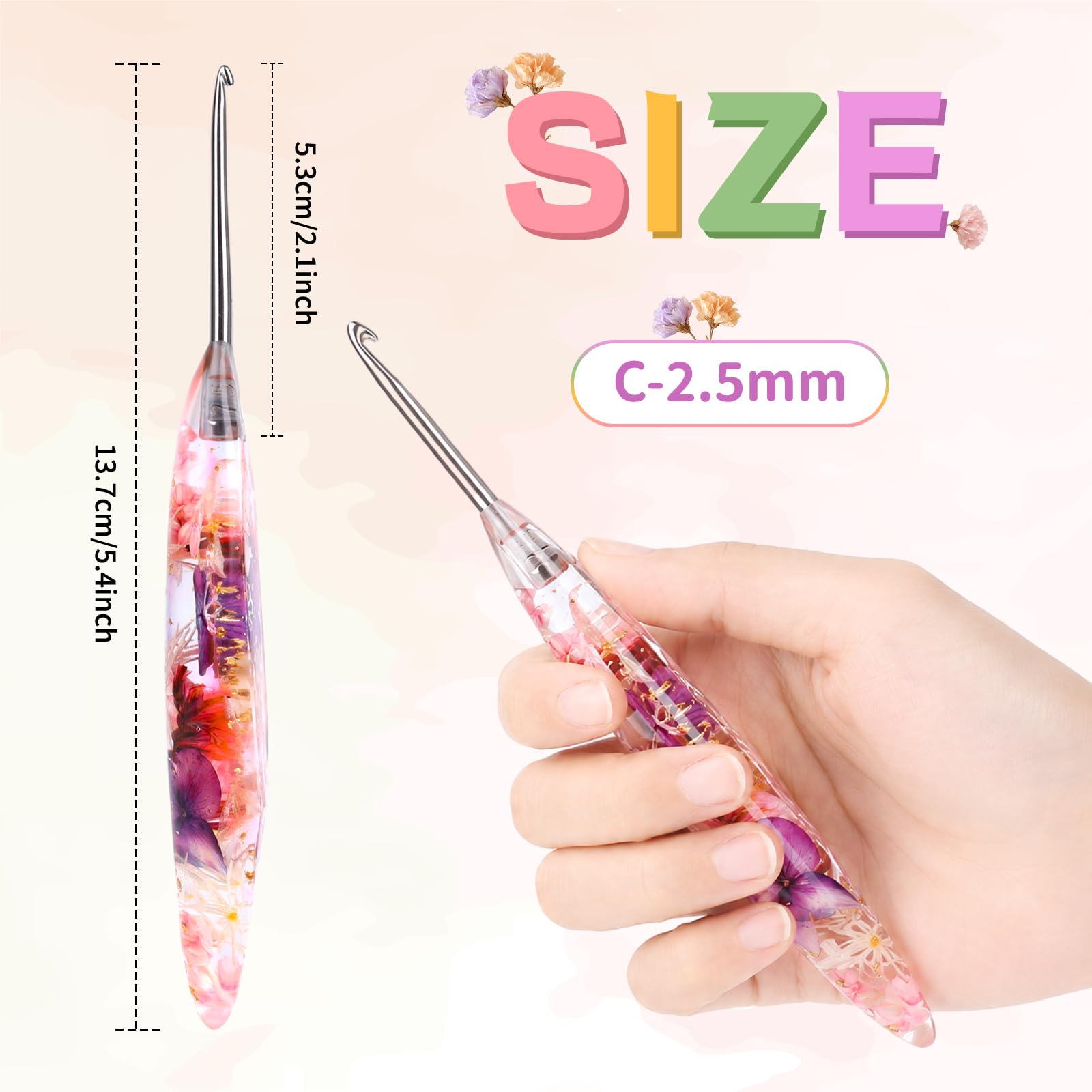 Reessy Juego de 5 ganchos de ganchillo de resina floral con caja de regalo, 2,5 mm, 3,0 mm, 3,5 mm, 4,0 mm, 4,5 mm, ganchos ergonómicos de acero inoxidable para principiantes, agujas de ganchillo